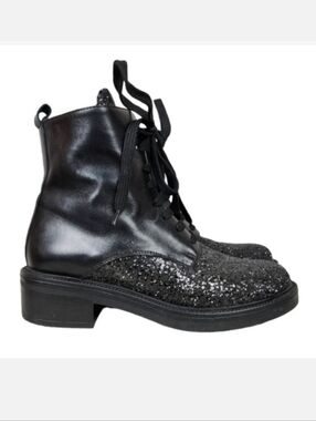 Tosca Blu Leather Combat  Boots Black Glitter Accents Size 39 Goth Punk
